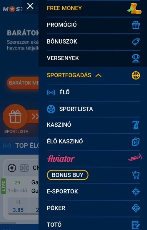 A Mostbet mobilmenüje promóciókkal, sportfogadással, kaszinóval és Aviator játékkal
