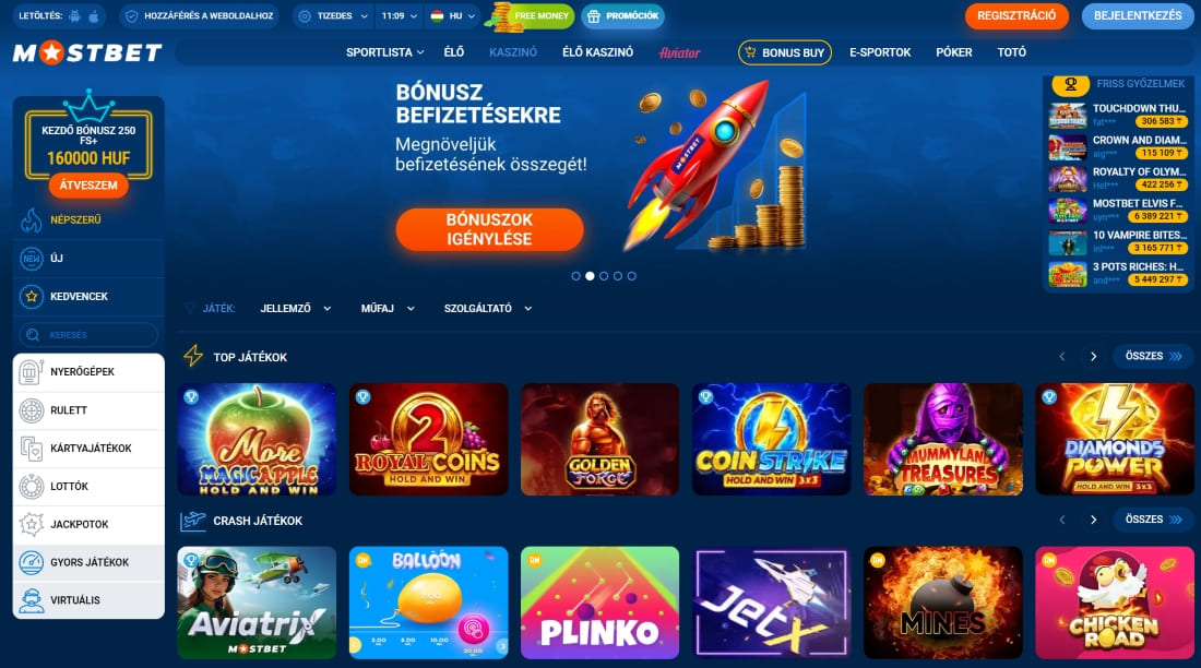 Népszerű nyerőgépek, crash játékok és jackpot opciók listája a főoldalon.