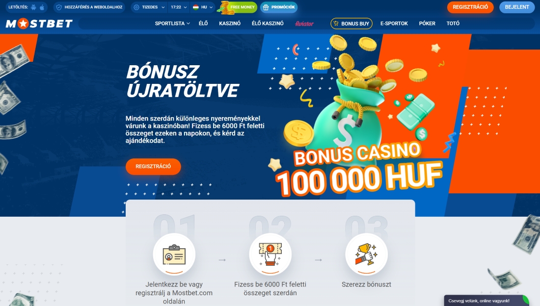 Kaszinós újratöltési bónusz részletei, 100 000 HUF nyereményajánlattal szerdánként 