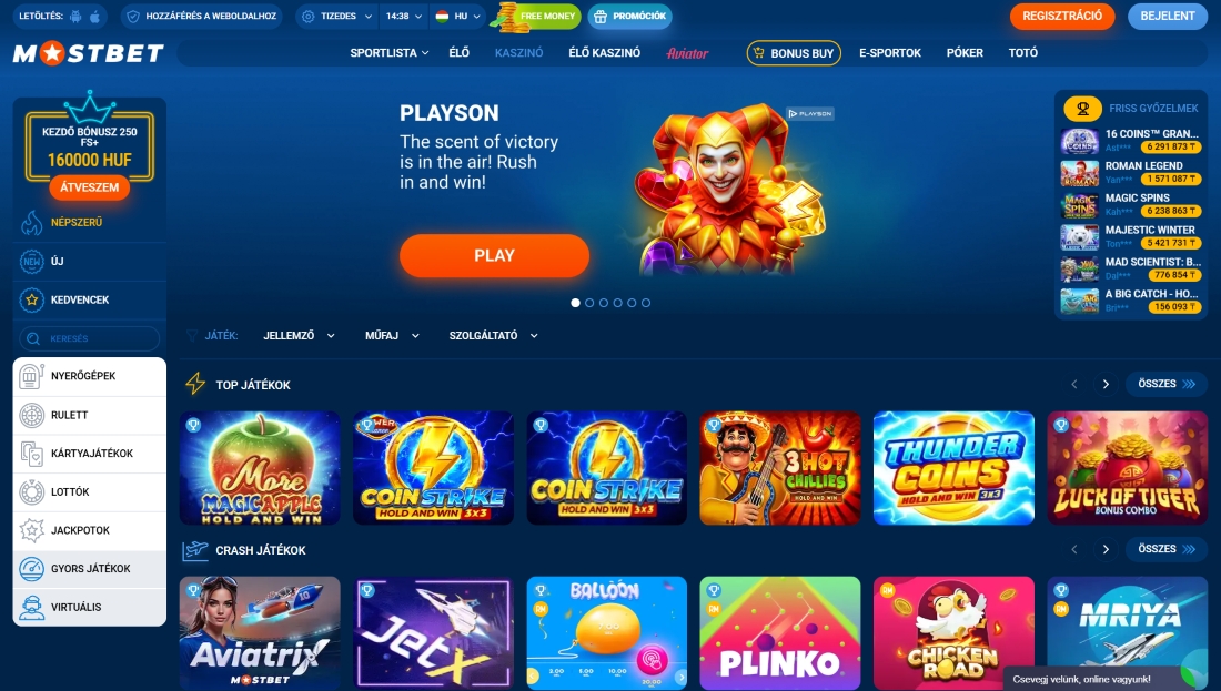 Nyerőgépes játékok és crash játékok válogatása, köztük Plinko, Aviatrix, Coin Strike