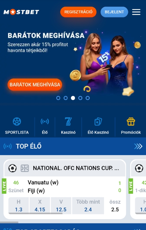 Barátok meghívása promóciós banner akár 15% havi nyereséggel Mostbet mobilnézeten