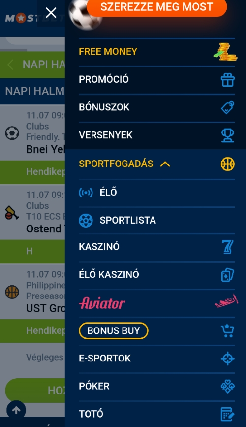 Mobilnézeti navigációs menü a Mostbet alkalmazásban promóciós és sportfogadási opciókkal