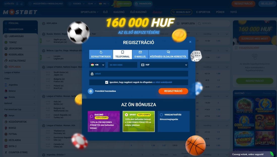 Regisztrációs űrlap telefonszámos opcióval, 160 000 HUF bónusz és promóciós ajánlatokkal